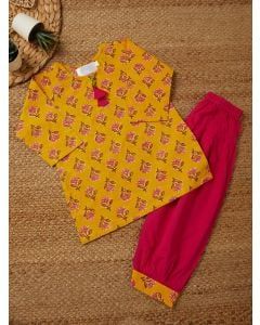 Yellow Pink Hand Block Printed Kurta with Salwar - Set of 2