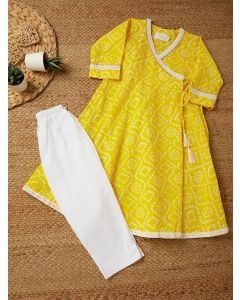 Yellow Bandhani Hand Block Printed Cotton Kurta with Pants - Set of 2
