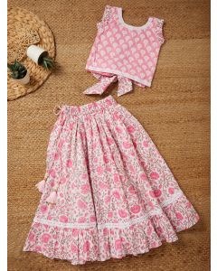 Pink White Hand Block Printed Cotton Top with Skirt - Set of 2