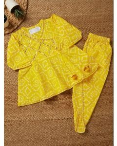 Yellow Hand Block Printed Cotton Peplum Top with Dhoti Pants - Set of 2