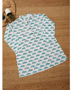 White Blue Hand Block Printed Cotton Kurta