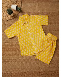 Yellow Hand Block Printed Cotton Unisex Co-ord Set - Set of 2