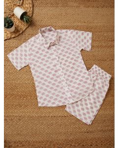 White Pink Hand Block Printed Cotton Unisex Co-ord Set - Set of 2