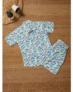 White Blue Hand Block Printed Cotton Unisex Co-ord Set - Set of 2