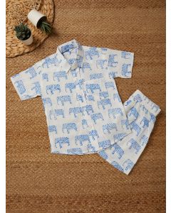 White Blue Hand Block Printed Cotton Unisex Co-ord Set - Set of 2