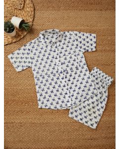 White Navy Blue Hand Block Printed Cotton Unisex Co-ord Set - Set of 2