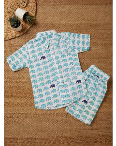 White Aqua Blue Hand Block Printed Cotton Unisex Co-ord Set - Set of 2
