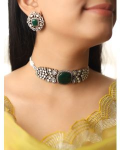 Green Handcrafted Brass Choker with Earrings- Set of 2