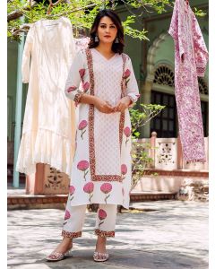 White Pink Hand Block Printed Cotton Kurta with Pants- Set of 2