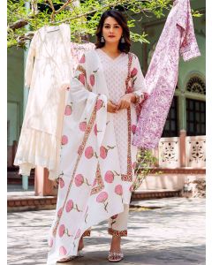 White Pink Hand Block Printed Cotton Suit- Set of 3