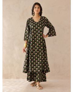 Black Printed Cotton Kurta with Pants- Set of 2