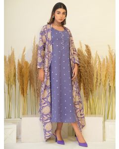 Purple Hand Block Printed Cotton Dress with Cape - Set of 2