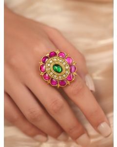 Gold Toned Multicolor Handcrafted Polki Brass Ring