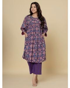 Purple Hand Block Printed Cotton Kalidar Kurta with Pants-Set of 2