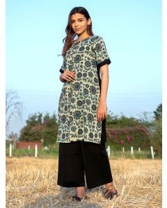 Beige Black Printed Cotton Kurta with Palazzo- Set of 2