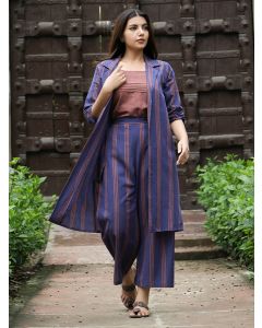 Blue Brown Striped Cotton Co-ord Set - Set of 3