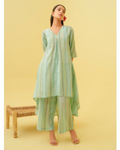 Mint Green Striped Cotton Kurta with Pants- Set of 2