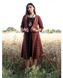 Black Cotton Dress with Printed Jacket-Set of 2