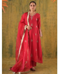 Pink Aari Embroidered Chanderi Suit - Set of 3