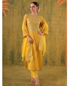 Yellow Embroidered Crushed Cotton Suit- Set of 3