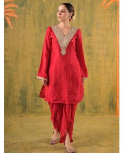 Red Embroidered Silk Kurta with Slip and Dhoti Pants- Set of 2