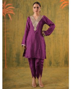 Purple Embroidered Silk Kurta with Slip and Dhoti Pants- Set of 2