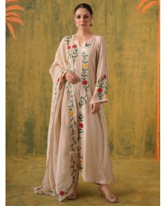 Beige Embroidered Muslin Suit - Set of 3
