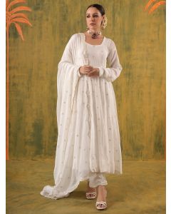White Embroidered Silk Blend Suit- Set of 3