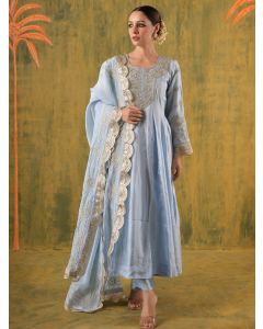 Blue Embroidered Silk Suit - Set of 3