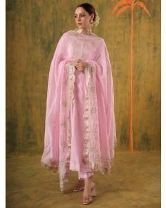 Pink Embroidered Silk Suit - Set of 3