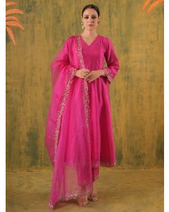 Pink Embroidered Chanderi Suit - Set of 3
