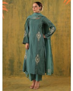 Green Embroidered Silk Suit - Set of 3