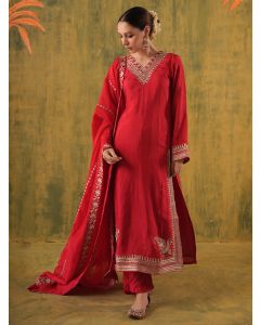 Red Aari Embroidered Silk Suit - Set of 3