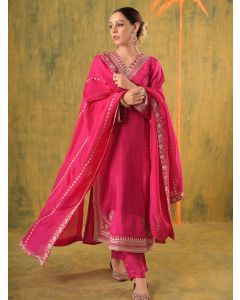Pink Aari Embroidered Silk Suit - Set of 3