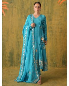 Blue Gota Patti Embroidered Chanderi Suit - Set of 3