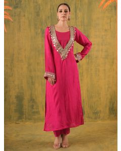 Pink Mirror Work Silk Kurta with Slip and Pants- Set of 2