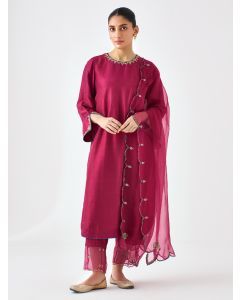 Wine Embroidered Dupion Silk Suit- Set of 3
