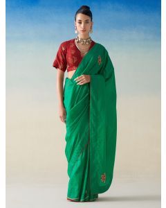 Green Embroidered Silk Saree with Underskirt- Set of 2