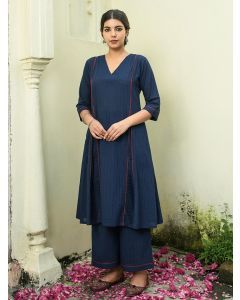 Navy Blue Cotton Dobby Kurta with Pants- Set of 2