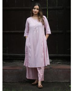 Light Pink Cotton Kurta with Pants- Set of 2