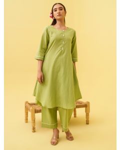 Light Green Striped Cotton Kurta with Pants- Set of 2