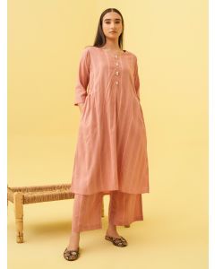 Old Rose Pink Striped Cotton Dobby Kurta with Pants- Set of 2