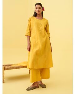 Yellow Pleated Cotton Slub Kurta with Pants- Set of 2