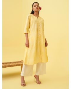 Lemon Yellow Printed Cotton Kurta with Pants- Set of 2