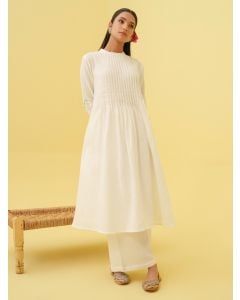White Pleated Cotton Kurta with Palazzo- Set of 2