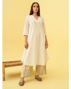 White Printed Cotton Dobby Kurta with Pants- Set of 2