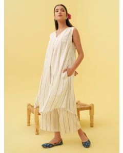 White Striped Cotton Blend Kurta with Pants- Set of 2