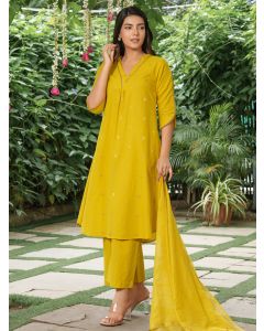 Yellow Embroidered Cotton Kurta with Palazzo - Set of 2