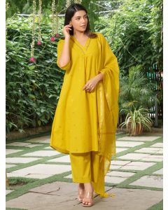 Yellow Embroidered Cotton Suit - Set of 3