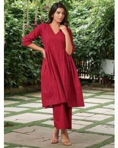 Red Zari Striped Cotton Kurta with Palazzo - Set of 2